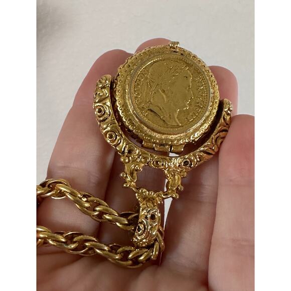 Vintage Coin Open Bezel Gold Necklace Box Pendant Napoleon Pearl Gold 18 inch - Picture 1 of 9